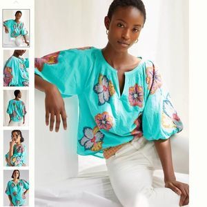 LIKE NEW Anthropologie Maeve Floral Embroidered Puff Sleeve Turquoise Blouse